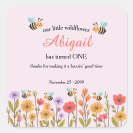 Pegatina Cuadrada Our Little Wildflower Floral Bee 1st Birthday