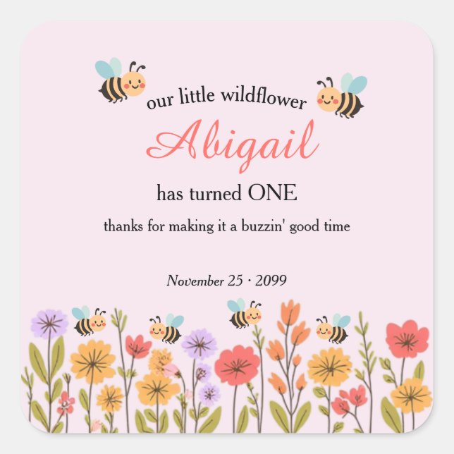 Pegatina Cuadrada Our Little Wildflower Floral Bee 1st Birthday (Anverso)