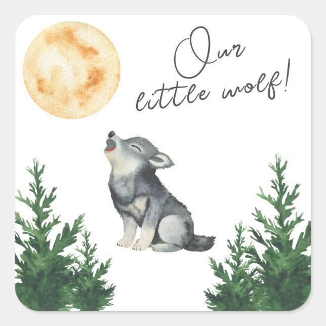 Pegatina Cuadrada Our Little Wolf Baby Shower (Anverso)