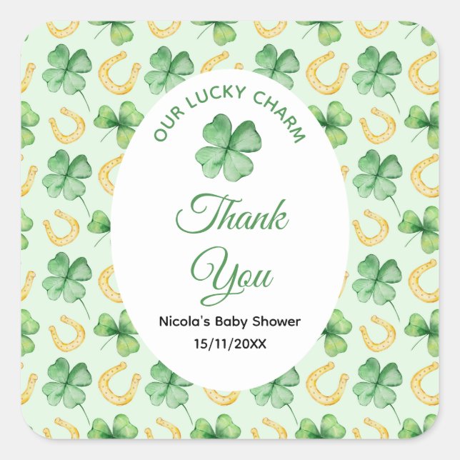 Pegatina Cuadrada Our Lucky Charm St Patrick's Baby Shower (Anverso)