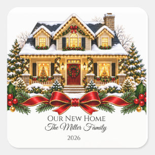 Pegatina Cuadrada Our New Home Christmas House with Family Name and