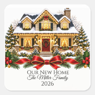 Pegatina Cuadrada Our New Home Christmas House with Family Name and