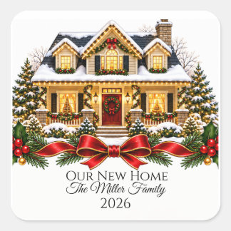 Pegatina Cuadrada Our New Home Christmas House with Family Name and 