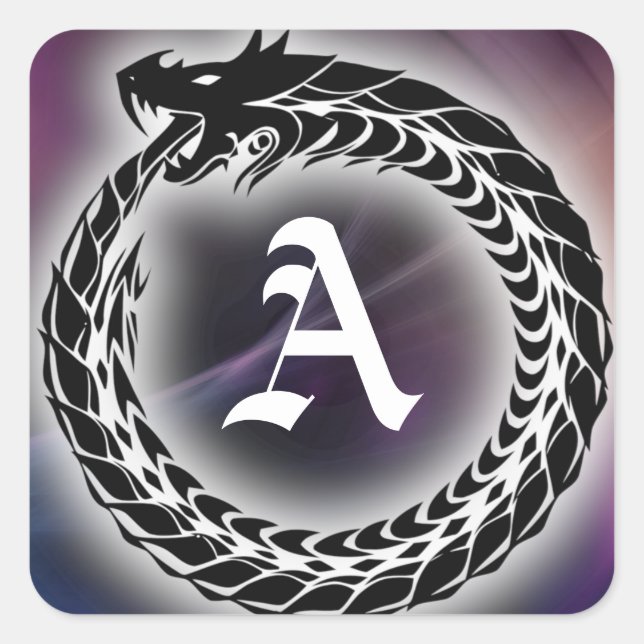 Pegatina Cuadrada Ouroboros Dragon come la cola | Monograma gótico (Anverso)
