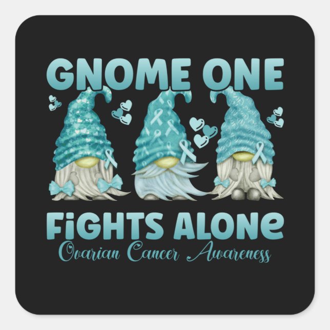 Pegatina Cuadrada Ovarian Cancer Awareness Teal Ribbon Gnome (Anverso)