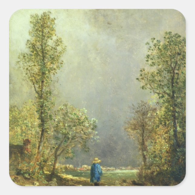 Pegatina Cuadrada Oveja viendo una tormenta (Anverso)