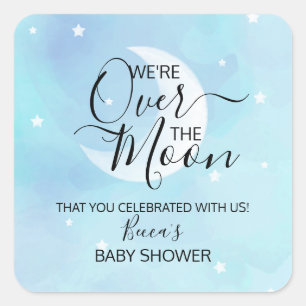 Pegatina Cuadrada Over The Moon Blue Gracias Baby Shower