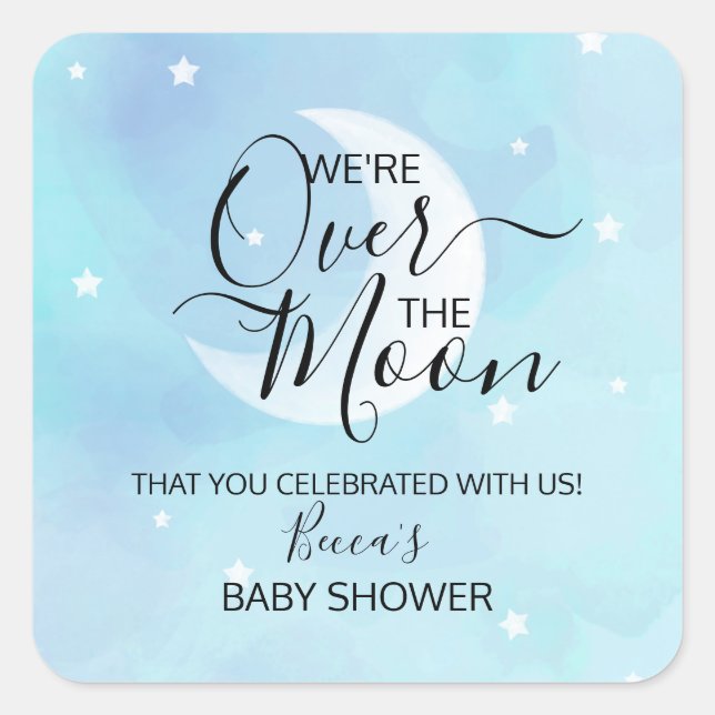 Pegatina Cuadrada Over The Moon Blue Gracias Baby Shower (Anverso)