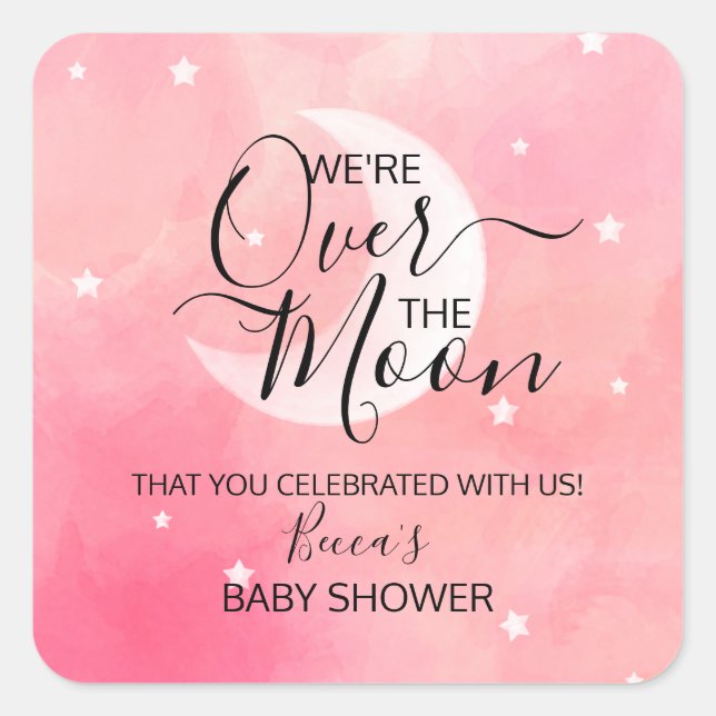 Pegatina Cuadrada Over the Moon Pink Gracias Baby Shower (Anverso)