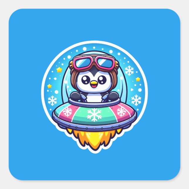 Pegatina Cuadrada OVNI Happy Penguin (Anverso)