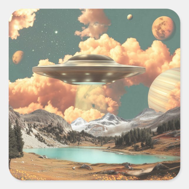 Pegatina Cuadrada OVNI surrealista sobre lago de montaña con planeta (Anverso)
