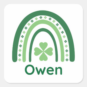 Pegatina Cuadrada Owen Nombre Trébol Boho Arcoíris