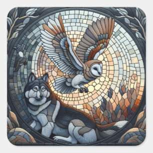 Pegatina Cuadrada Owl and Wolf Mosaic Ai Art