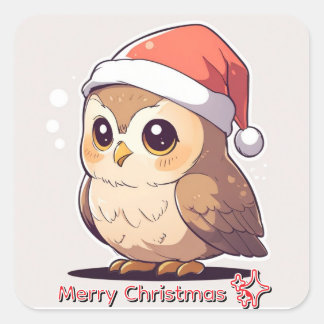 Pegatina Cuadrada Owl Be Home for Christmas" Funny Santa Hat Sticker