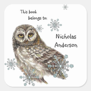 Pegatina Cuadrada Owl Bird Snowflakes Winger Bookplate Arte