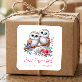 Pegatina Cuadrada Owl Boho Rustic Country Woodland Just Married