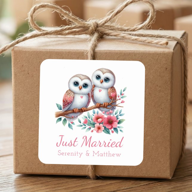 Pegatina Cuadrada Owl Boho Rustic Country Woodland Just Married (Subido por el creador)