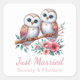 Pegatina Cuadrada Owl Boho Rustic Country Woodland Just Married