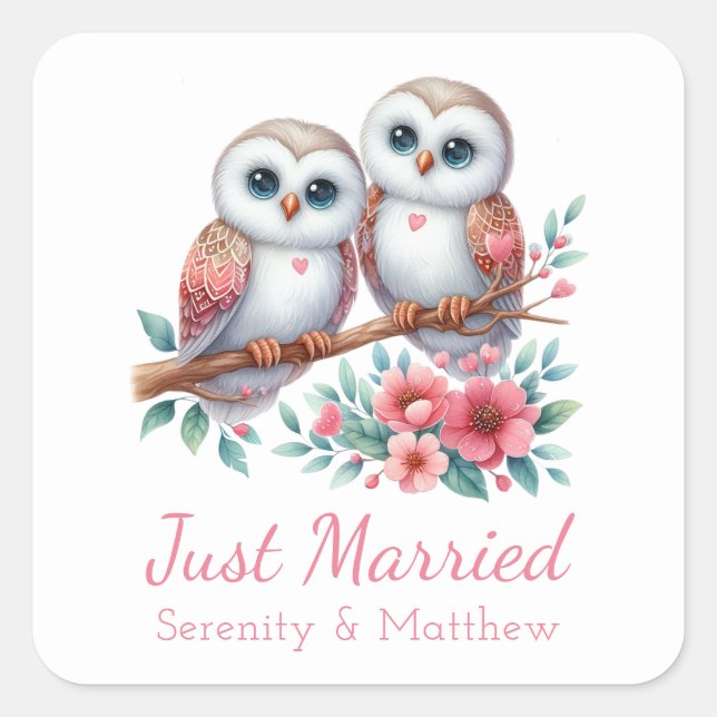 Pegatina Cuadrada Owl Boho Rustic Country Woodland Just Married (Anverso)