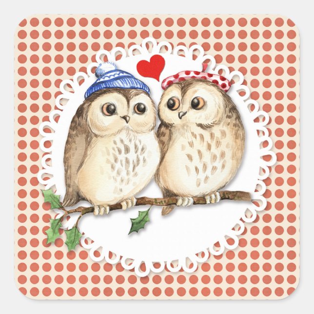 Pegatina Cuadrada Owl Love (Anverso)