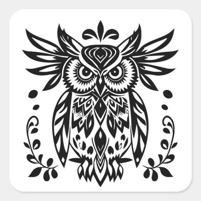 Pegatina Cuadrada Owl Lovers Rustic Woodlands Black White Bohemian  (Anverso)
