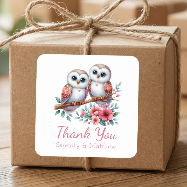 Pegatina Cuadrada Owl Woodland Boho Country Wedding Thank You  (Subido por el creador)