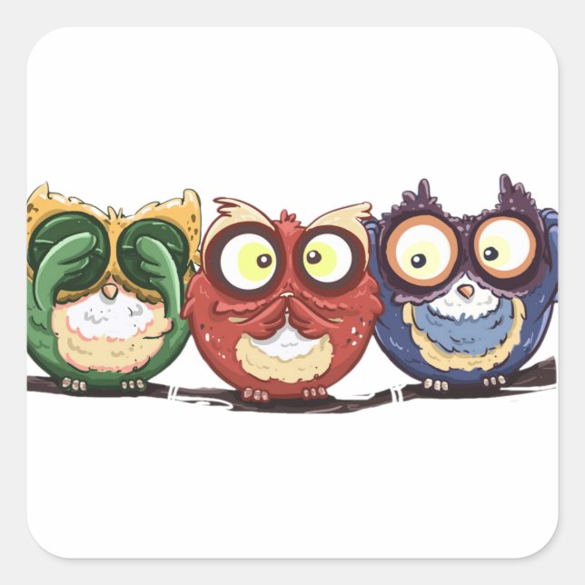 Pegatina Cuadrada Owls Hoot See Speak Hear No Evil (Anverso)