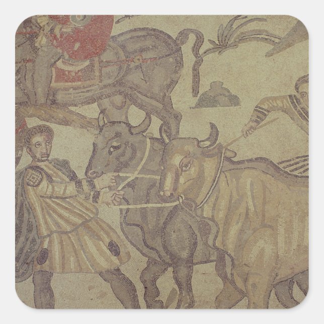 Pegatina Cuadrada Oxen transportando agua, mosaico romano (Anverso)