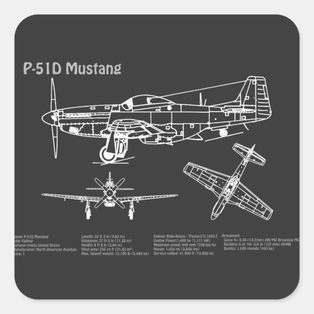 Pegatina Cuadrada P-51D Mustang - Plano aéreo PD (Anverso)