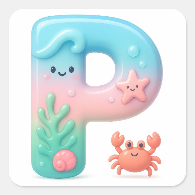 Pegatina Cuadrada "P" Cute Letter - Underwater Sea Creature  (Anverso)
