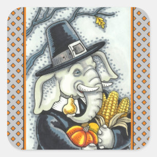 PEGATINA CUADRADA PACHIDERMO DE GRACIAS, ELEFANTE DE PILGRIM AGRADEC