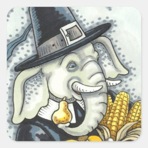 PEGATINA CUADRADA PACHIDERMO DE GRACIAS, ELEFANTE DE PILGRIM AGRADEC