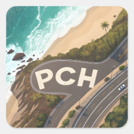 Pegatina Cuadrada Pacific Coast Highway Aerial Travel Art