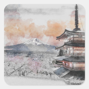 Pegatina Cuadrada Pagoda Japonesa Acuarela & Mt. Fuji Cuadrado