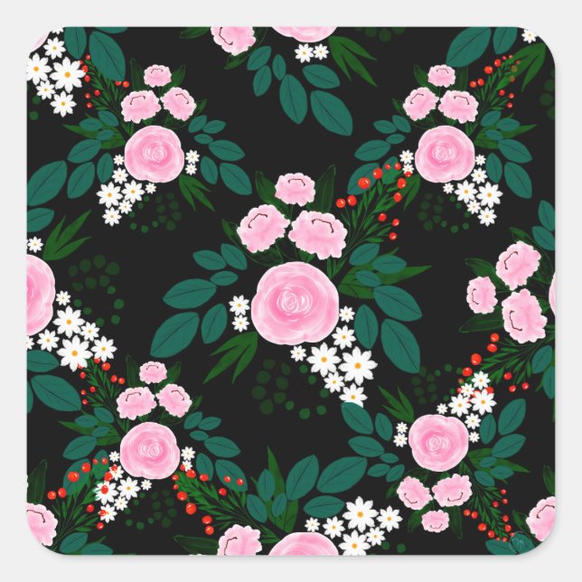 Pegatina Cuadrada Paint and white Floral acuarela elegante rosa y bl (Anverso)