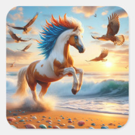 Pegatina Cuadrada Paint Horse Hawks Ocean