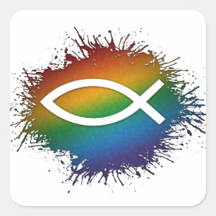 Pegatina Cuadrada Paint Splatter Orgullo LGBTQ Pescado cristiano arc