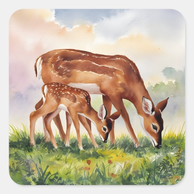 Pegatina Cuadrada Painted Deer Mom and Baby (Anverso)