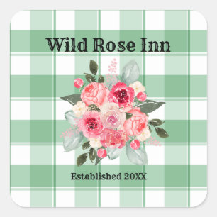 Pegatina Cuadrada País Gingham Rosas silvestres B & B Personalizado 