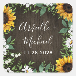 Pegatina Cuadrada País Rústico Sunflower Daisy Wedding Favor