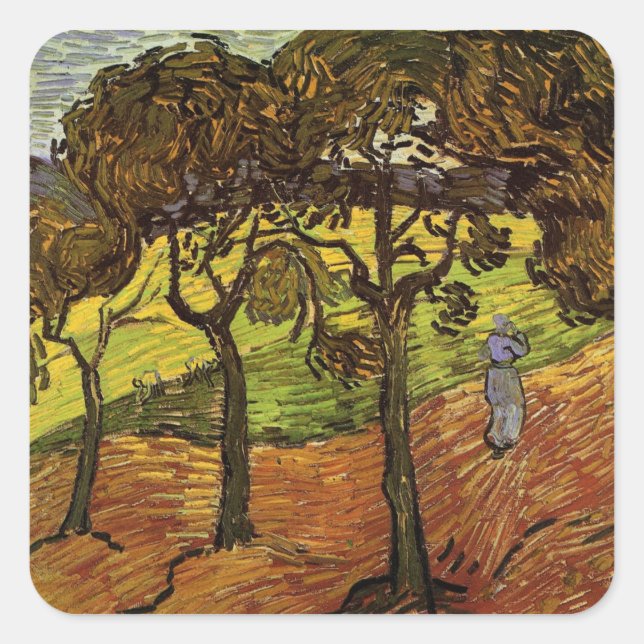 Pegatina Cuadrada Paisaje, árboles y figuras de Vincent van Gogh (Anverso)