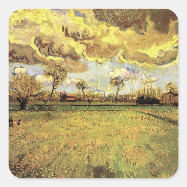 Pegatina Cuadrada Paisaje bajo cielo tormentoso por Vincent van Gogh (Anverso)