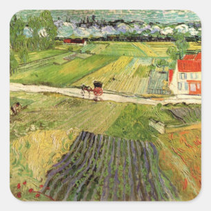 Pegatina Cuadrada Paisaje, Carruaje y Tren de Vincent van Gogh