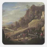 Paisaje con agricultores cuidando sus animales