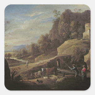 Pegatina Cuadrada Paisaje con agricultores cuidando sus animales