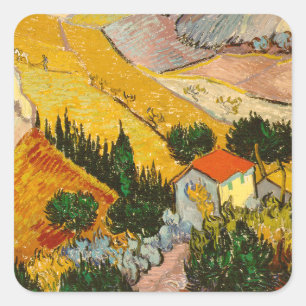 Pegatina Cuadrada Paisaje con House y PloughmaVincent van Gogh