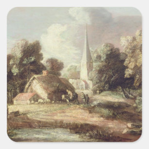 Pegatina Cuadrada Paisaje con iglesia, cabaña, pobladores y un