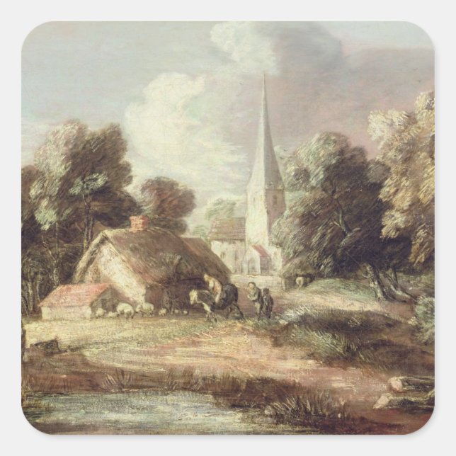 Pegatina Cuadrada Paisaje con iglesia, cabaña, pobladores y un (Anverso)