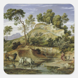Pegatina Cuadrada Paisaje con pastores y vacas