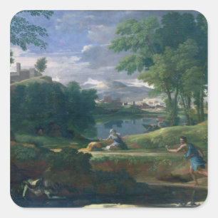 Pegatina Cuadrada Paisaje con un hombre muerto por una serpiente, c.